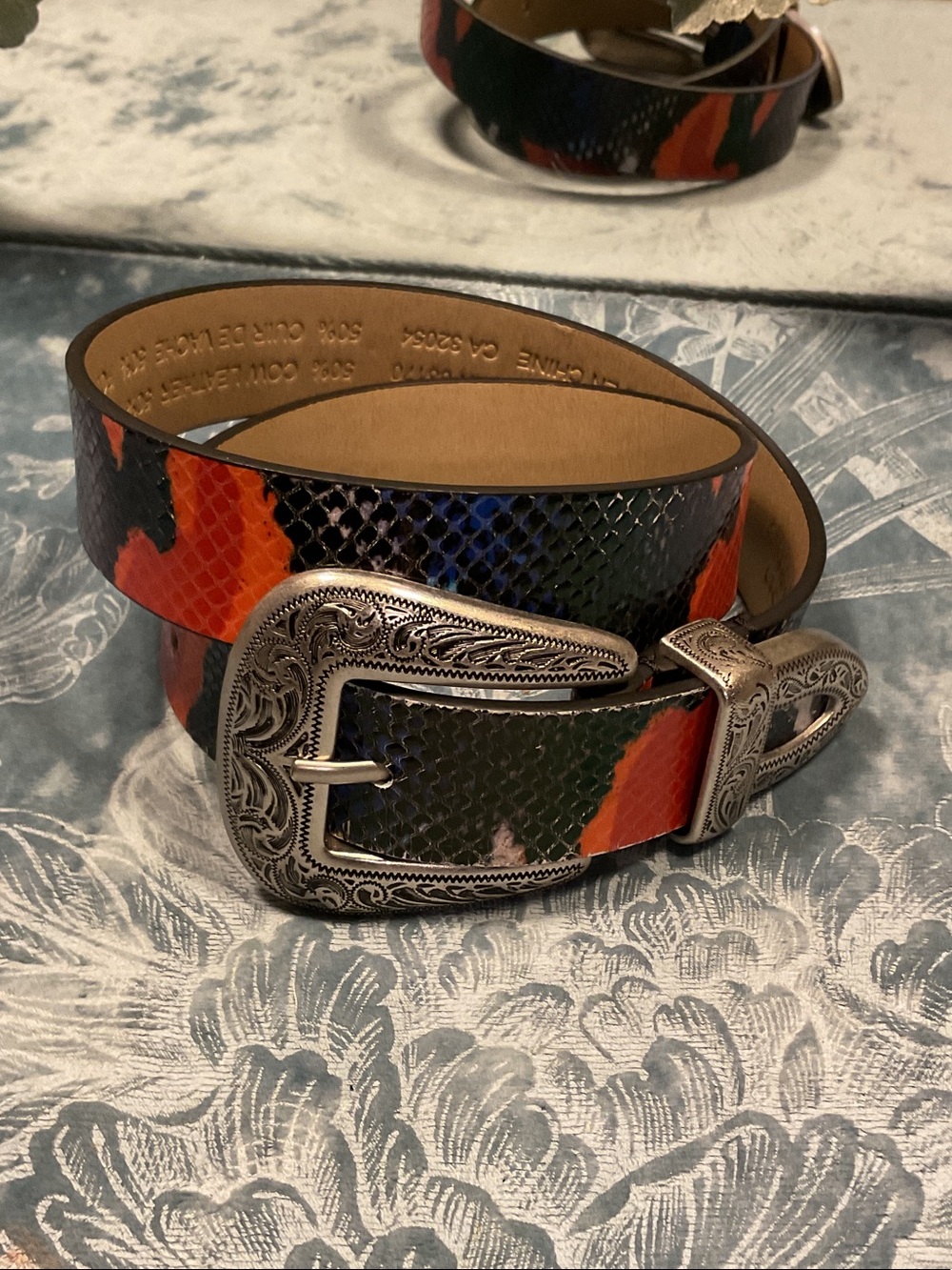 Urban Outfitters Snakeskin-Texture Leather Belt with Engraved Buckle